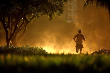 Silhouette of a man running in a park during sunset, surrounded by trees and nature