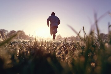 Man running across a grassy field at sunset, backlit silhouette