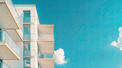 Modern building exterior with balconies and blue sky