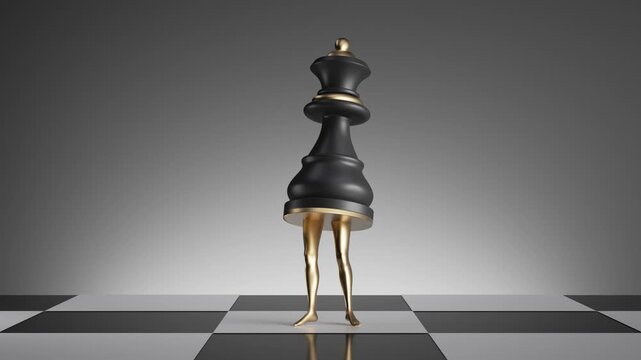 Stylish 3D queen chess figure with golden legs dancing on chessboard, funny surreal animation perfect for viral content, memes, and creative stock videos.
