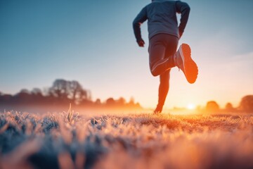 Silhouette of a person running on a grassy field at sunset, capturing motion and energy