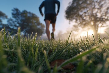 Silhouette of a man running in a park during morning, low-angle shot focusing on grass with trees in the background