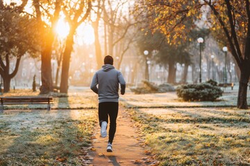 Fototapeta premium Man running in a park during sunrise, surrounded by autumn trees and warm sunlight
