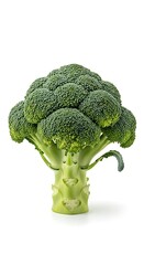 Fresh broccoli head, vibrant green,  displays intricate stem and florets against a stark white background.