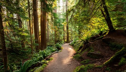 Obraz premium Enchanting Forest Path A Journey Through Verdant Woods And Natural Beauty Scenic