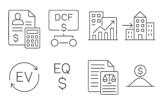 M&A Icons Set. Line style icons of mergers & acquisitions: business valuation, DCF model icon, comparable analysis chart,