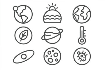 Exoplanet Line Icons. Line style icons of exoplanets: habitable planet, liquid water zone, Earth-like world, biosignature icon,