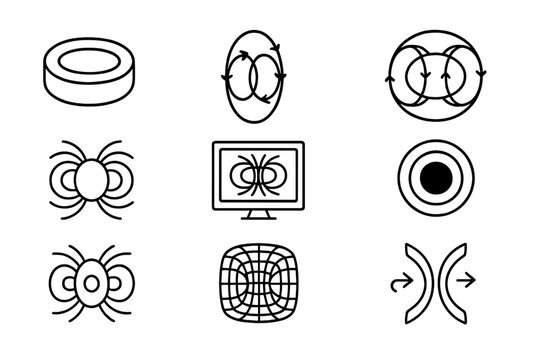 Nuclear Fusion Icons. Line style icons of nuclear fusion: magnetic field coil, poloidal field, toroidal field icon, magnetic flux