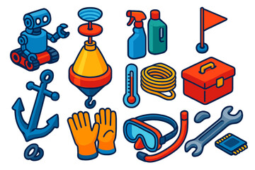 Buoy Maintenance Tools Icons. Isometric vector illustration set Buoy maintenance tools: repair robot, radar antenna, cleaning