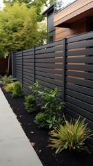 Contemporary horizontal fence design enhancing residential property with green landscaping features