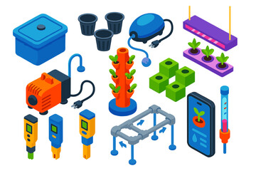 Hydroponic Gardening Essentials. Isometric vector illustration set Hydroponic gardening: nutrient reservoir, net pots, air pump,