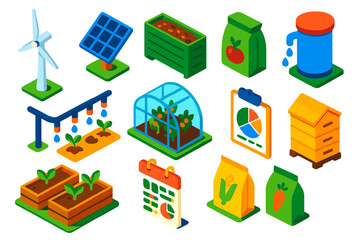 Eco Farming Icons. Isometric vector illustration set Eco-friendly farming: wind turbine, solar panel, compost bin, organic