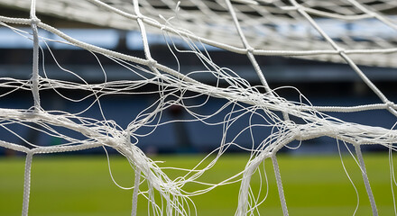 Torn Soccer Goal Net Close Up with Stadium Background Capturing Sports Failure and Disappointment
