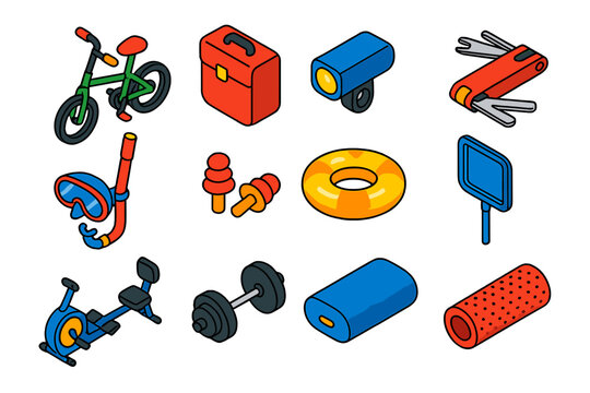 Fitness and Leisure Gear. Isometric vector illustration set of fitness and leisure activities: folding bike, pannier bag, front