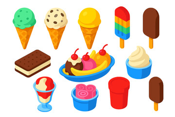 Colorful Ice Cream Icons. Isometric vector illustration set of ice cream: waffle cone with mint scoop, waffle cone with cookies