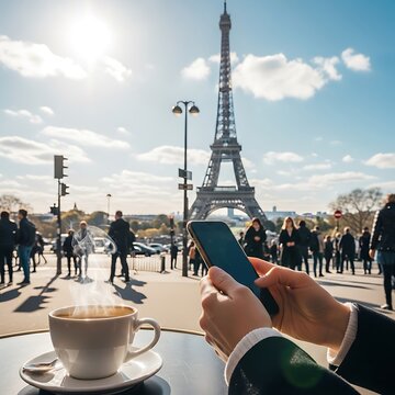 Parisian cafe scene, showcasing the Eiffel Tower in the background, with a person using a smartphone and a cup of steaming coffee, evokes a tranquil atmosphere of travel and relaxation.