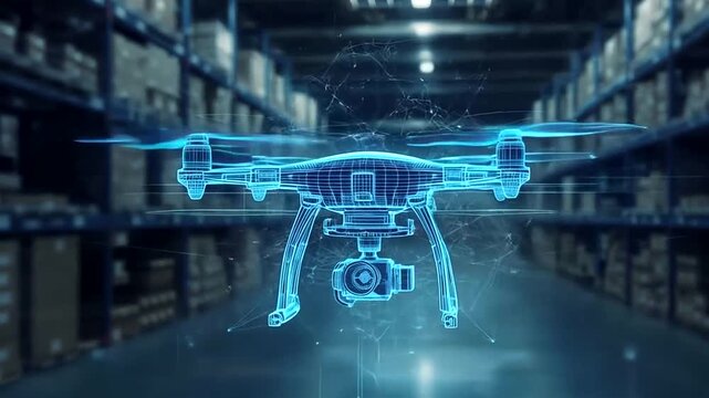 A futuristic drone hologram is displayed in a warehouse, representing advanced logistics, inventory management, and the integration of technology in supply chains - Powered by Adobe