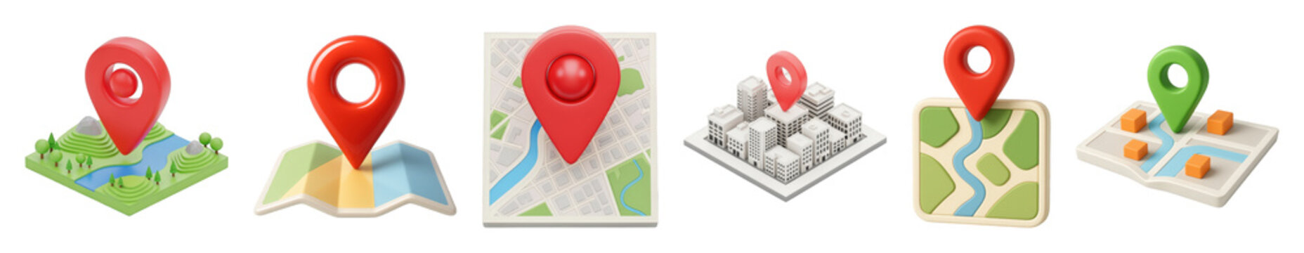 Fototapeta Location map markers set including diverse pin styles and map layouts isolated. Digital navigation and destination concepts.