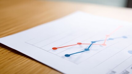 Printed business document showing line graph with red and blue lines for financial data analysis. Corporate growth and market trends on an office wooden desk.