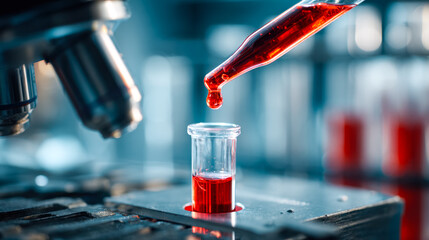 Laboratory experiment with red liquid in a test tube under a microscope