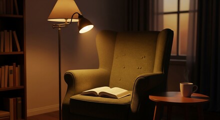 Cozy armchair with open book and lamp in a dimly lit room.