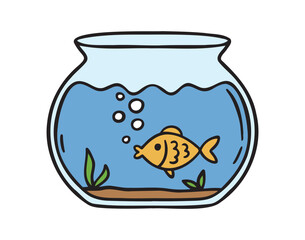 Goldfish or fish in round aquarium icon doodle hand drawn. colorful cartoon line drawing clipart symbol