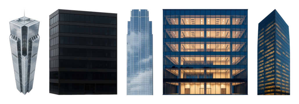 Modern building set including five distinct architectural styles, reflective glass, and illuminated facades isolated. Urban architecture and corporate design elements.