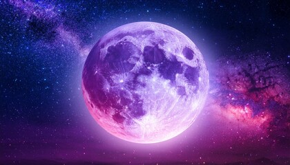 Obraz premium Colorful Full Moon Glowing In Purple And Pink Hues Above Dark Starry Space With Surreal Celestial Atmosphere