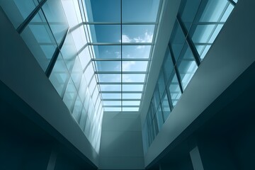 Fototapeta premium Beautiful Cerulean Glass Atrium Background with Natural Skylight for Modern Architecture and Design