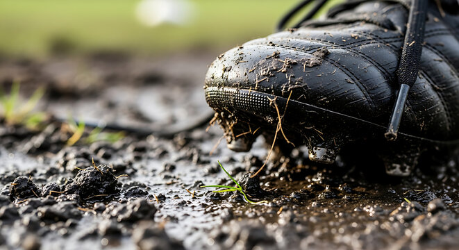 Close up of a black soccer cleat covered in mud on a wet grassy field with visible texture and detail symbolizing tough conditions and intense play