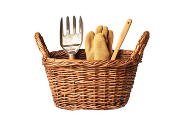 Basket holding gardening tools and gloves, ready to use on transparent background