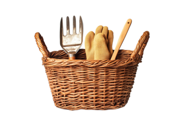 Basket holding gardening tools and gloves, ready to use on transparent background