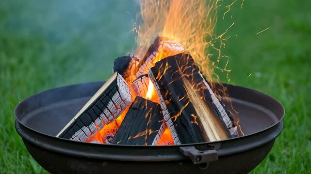 Ember sparks - Energetic & chaotic - Bursting outward - Charcoal fire pit glowing deep red