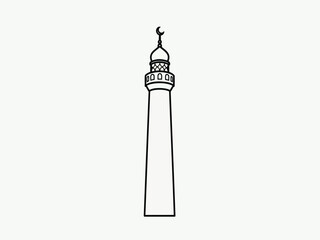 Simple outline drawing of a tall minaret tower with crescent moon topper