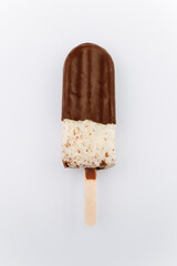 Chocolate and cream popsicle isolated on white background, front view, summer dessert