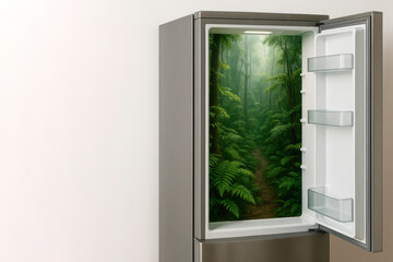 Fototapeta premium A refrigerator with a jungle inside. Space for text.
