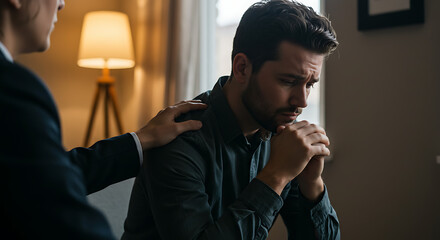 Young man sitting on couch showing sadness while receiving support