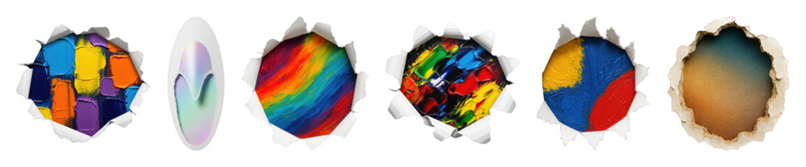 Torn paper hole set including abstract paint, iridescent, rainbow, and grunge textures isolated. Creative backgrounds and frames.