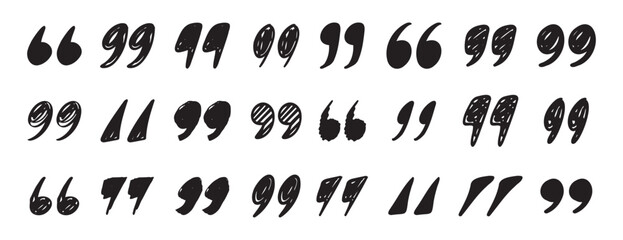 quotation mark doodle testured hand drawn icon set. quotation mark drawing line clipart symbol collection