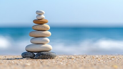 Fototapeta premium Balanced stones on beach with ocean background