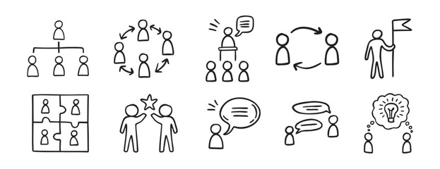 Fototapeta na wymiar meeting team icon work team doodle hand drawn icon set. Outline drawing line clipart symbol collection