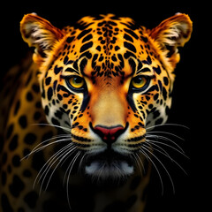 Obraz premium Majestic Leopard Staring Intently with Golden Eyes on Black Background