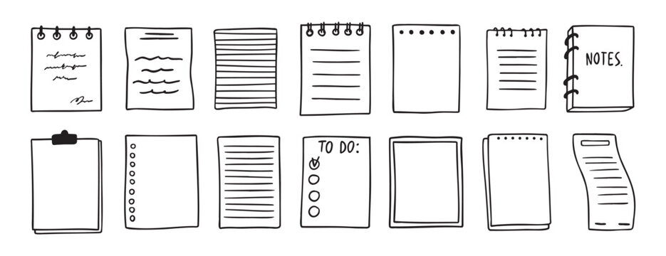 sheets various notebooks doodle hand drawn outline set. paper with stripes or dots, blank collection. Notebooks reminder, memory sketch pages. notes sheet