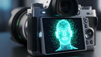 : Camera screen with neon wireframe human face, symbolizing AI facial recognition and futuristic technology. - Powered by Adobe