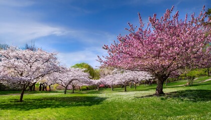 Beautiful Flowering Trees With Pink White And Magenta Blossoms Surrounded By Green Grass And Small White Flowers Create Serene Landscape