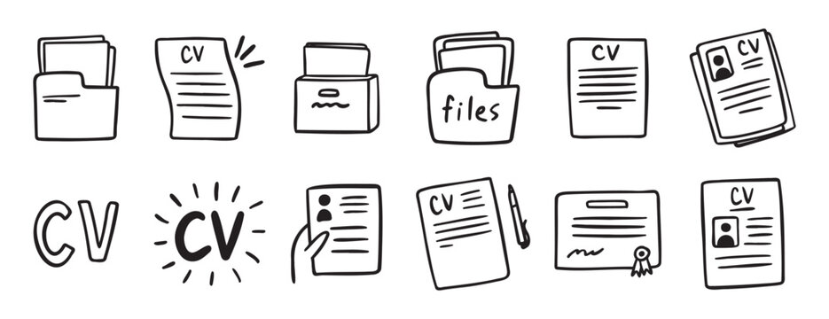 cv and resume and self presentation related doodle hand drawn icon set. Outline drawing cv line clipart symbol collection