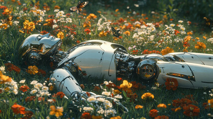 Futuristic robot lying in colorful flower field with butterflies fluttering in a harmonious blend of nature and technology