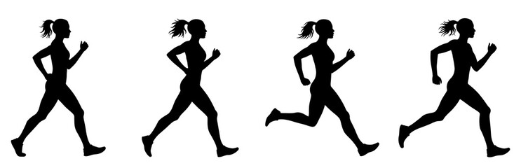 Silhouettes of running women. A vector collection. Shapes of female runner figures. A slim, healthy girl exercising, bare and unclothed.
