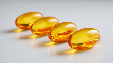 Close-up of four translucent golden softgel capsules arranged in a diagonal line on a smooth reflective surface with soft lighting and shadow effects