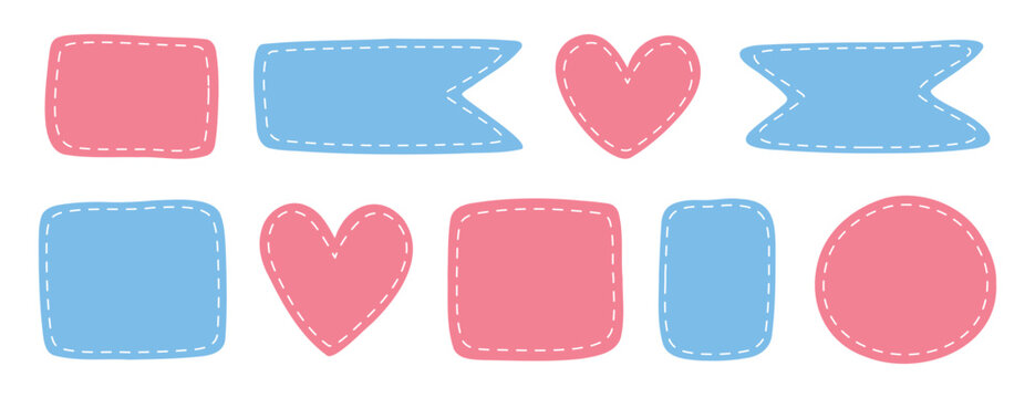 patches different shapes with dotted line set. Cute pastel templates, place for text or photo frames. Girl and boy birth frame. Decorative vector elements. Blue and pink dotted patches.